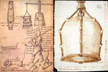 Izquierda: campanas de buceo diseñadas por Girolamo da Treviso (primera mitad del siglo XVI). Derecha: campana de Giuseppe Bono (1582)